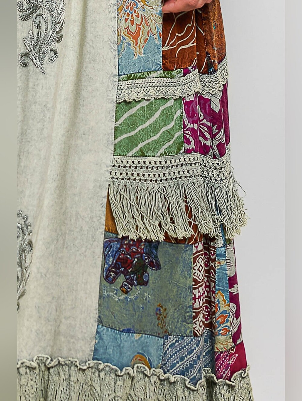 2-0610 POL Patchwork Fringe Boho Maxi Skirt in Sage Green - Picture 6 of 6